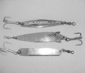 Metal lures make a great alternative to pilchard baits for salmon at this time of year. From top to bottom; Sure Catch Knight, ABU Toby and half-by-quarter